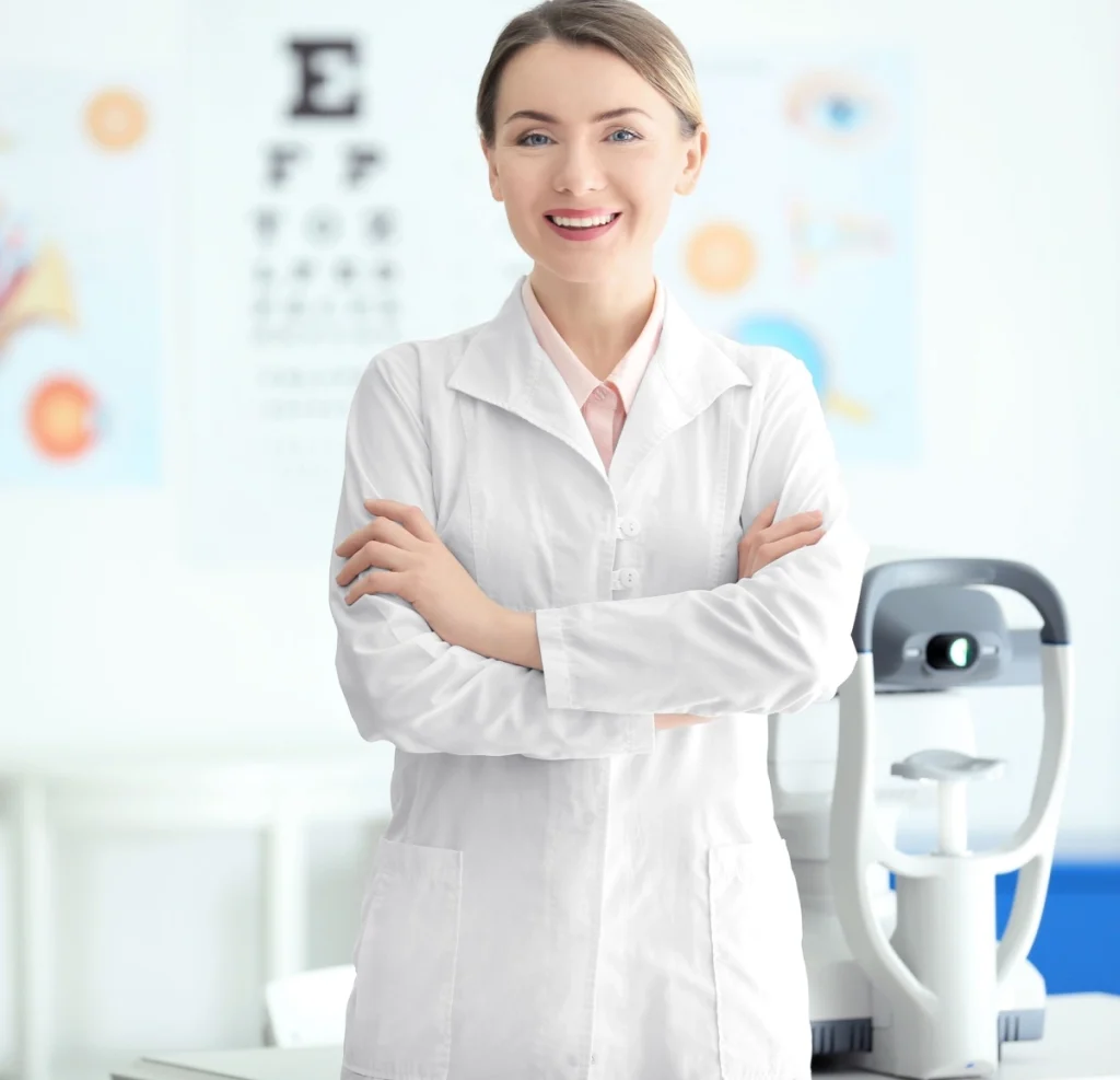 Female ophthalmologist with crossed arms in clinic